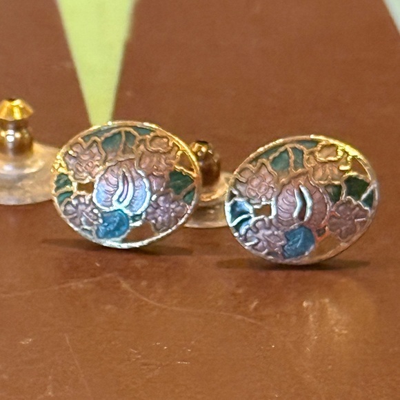 Jewelry - Vintage Enamel Cloisonné Gold, Pink, and Green Floral Post Earrings